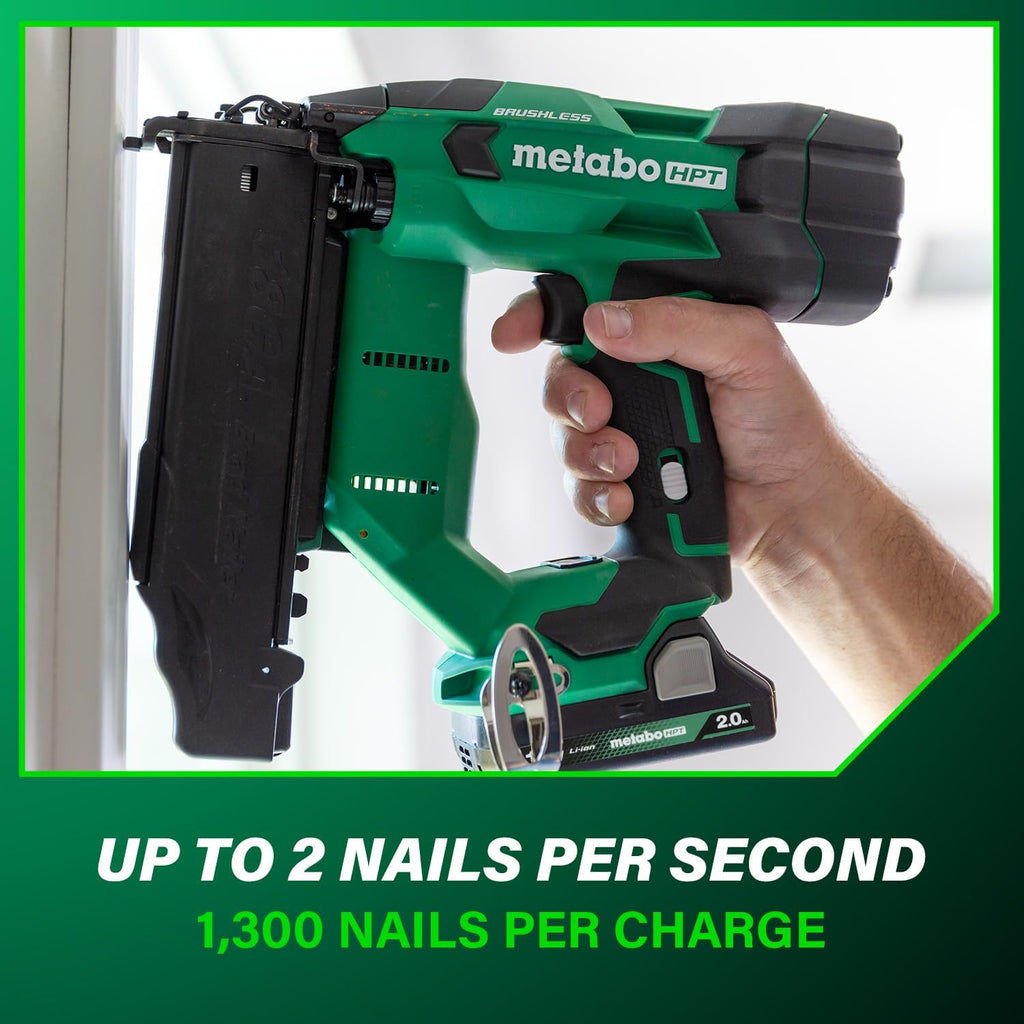 Metabo HPT 18V MultiVolt Brushless Compact Cordless Brad Nailer Kit, 18 Gauge Nailer with Power Tool 2.0Ah Lithium Ion Battery, Drives 5/8' to 2' Brad Nails, NT1850DFT