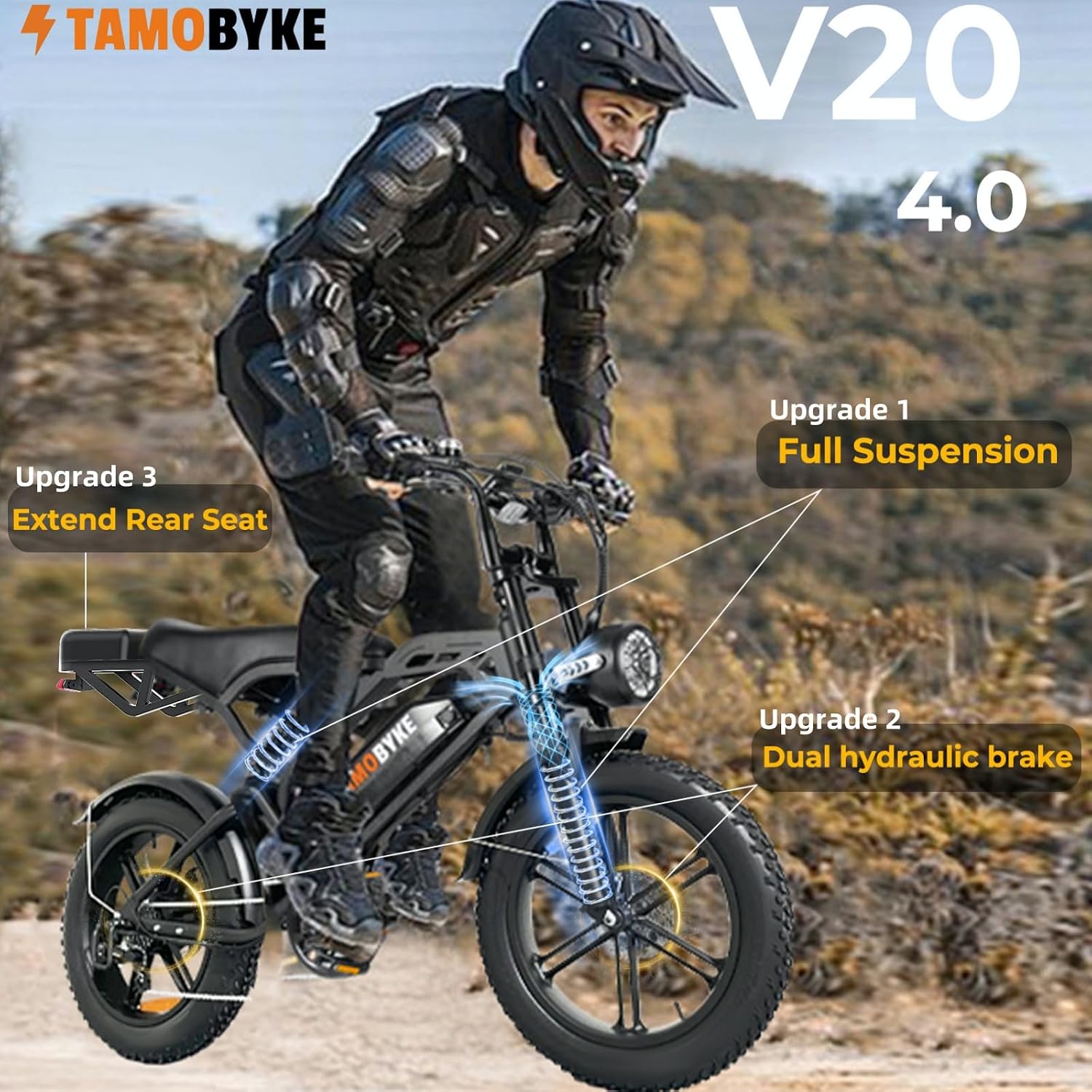 Tamobyke V20 Series Moped 750W/1500W Electric Bike for Adults,28mph/30mph/33mph Ebike&25-68Miles PAS Range,48V15.6ah/18.2ah/ (874Wh) Larger Battery, 20'' Fat Tire Electric Bike,UL 2849 Certified.