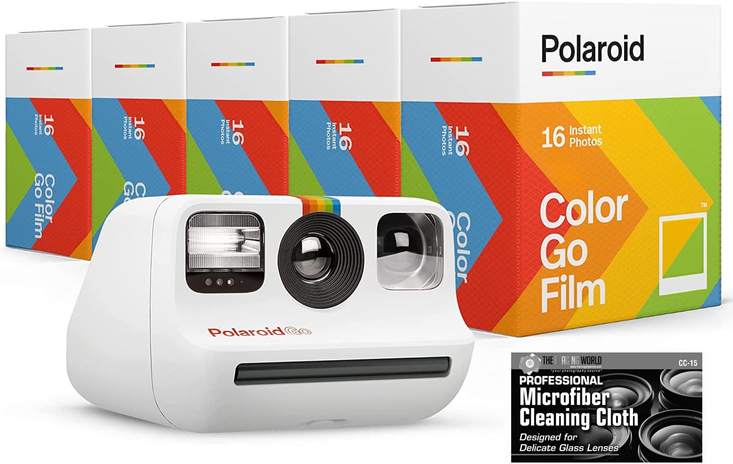 Polaroid Originals Bundle Go Instant Camera with 5 Double Packs (80 Prints) of Color Film and Microfiber Cloth