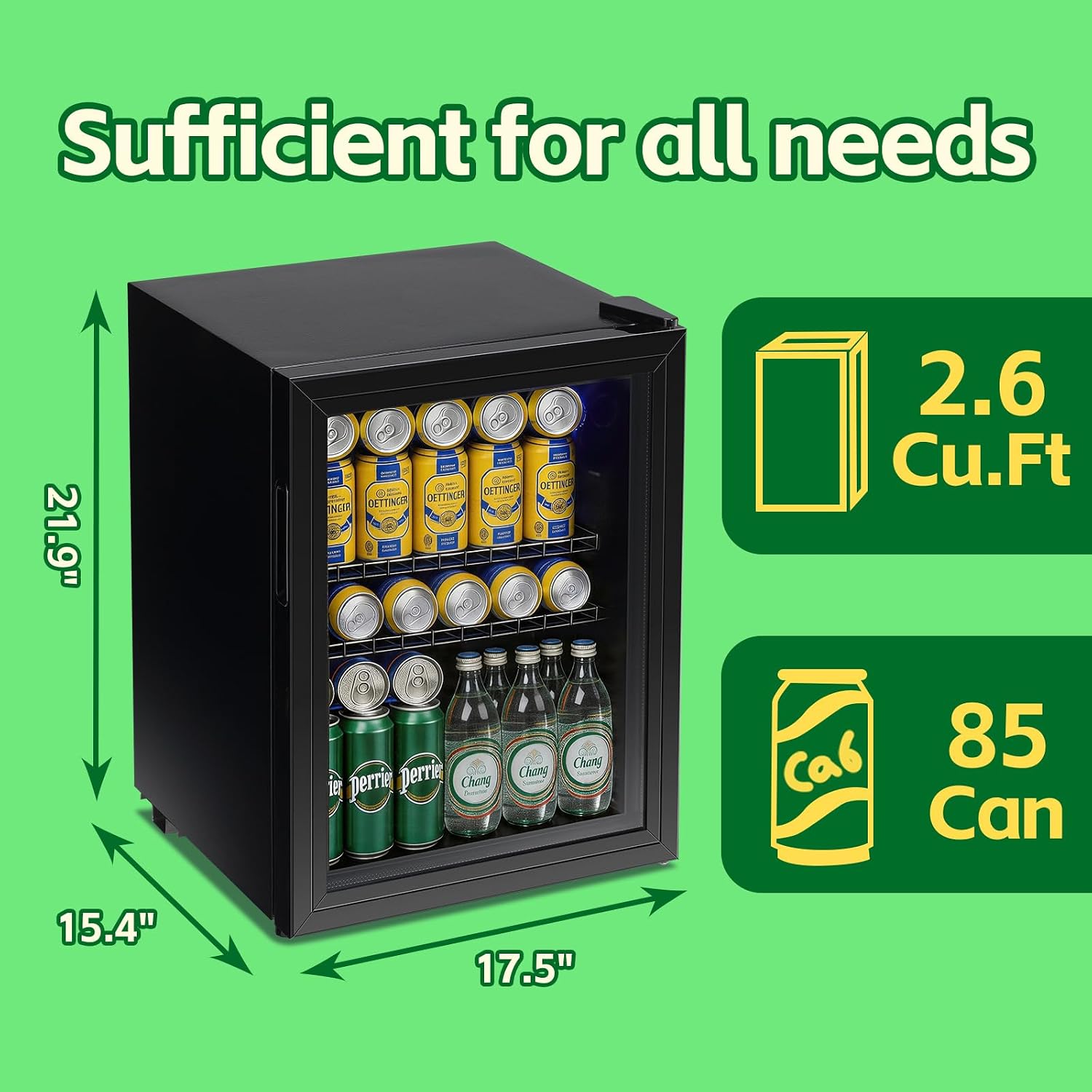 WANAI Beverage Refrigerator Cooler 2.6 Cu.Ft, 85 Can Mini Small Fridge with Glass Door LED Light and Adjustable Shelves for Soda Beer or Wine, Perfect for Home Bar Office, Black