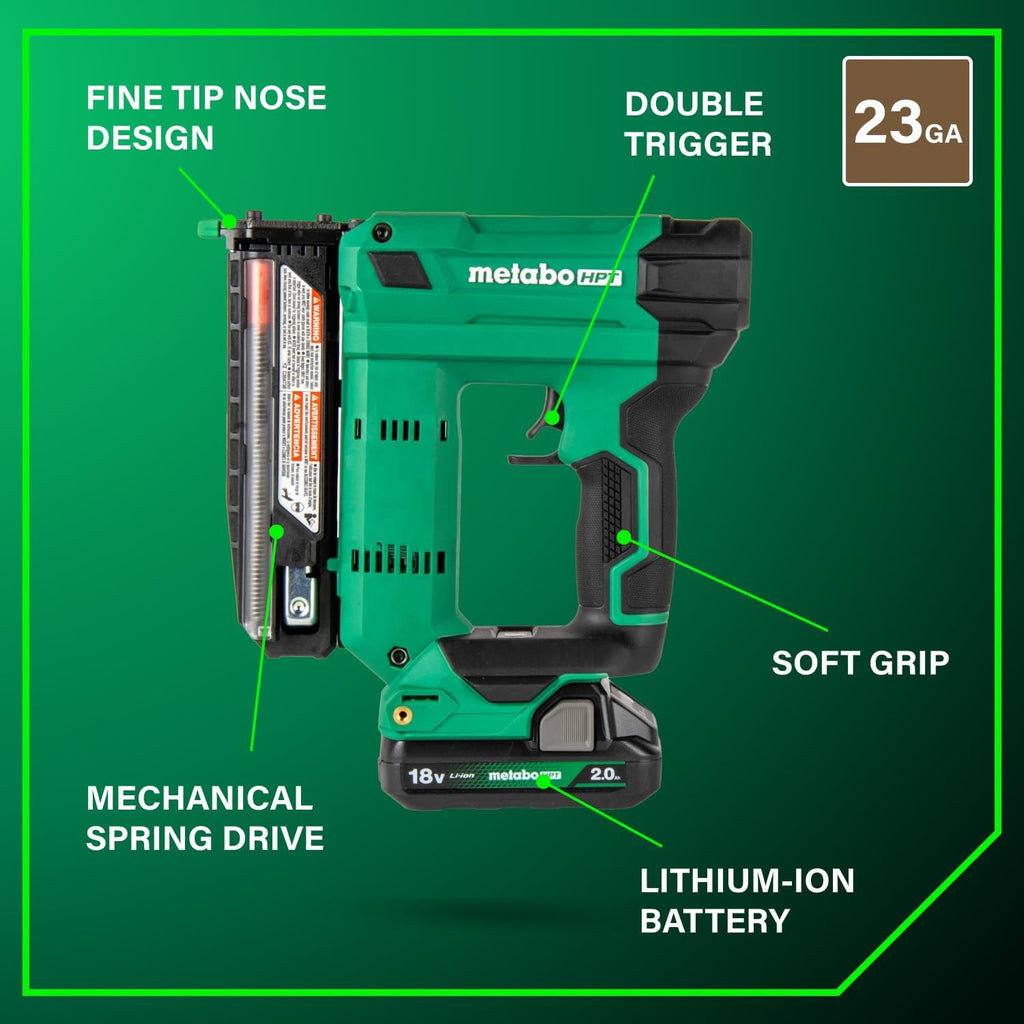 Metabo HPT 18V MultiVolt Cordless Compact Pin Nailer Kit, 23 Gauge Nailer with Power Tool 2.0Ah Lithium Ion Battery, Drives 5/8' to 1-3/8' Headless Pin Nails, 5-Year Warranty, NP1835DA