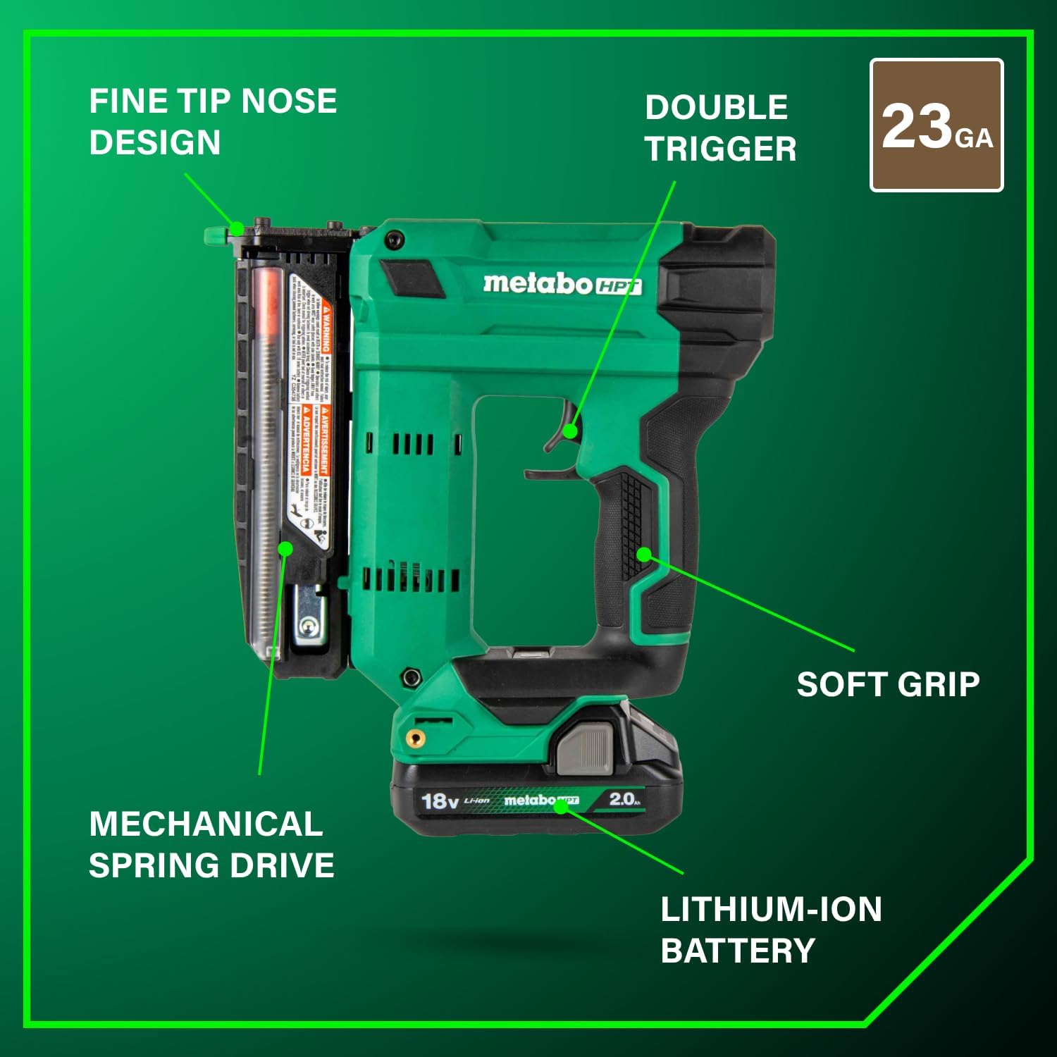Metabo HPT 18V MultiVolt Cordless Compact Pin Nailer Kit, 23 Gauge Nailer with Power Tool 2.0Ah Lithium Ion Battery, Drives 5/8' to 1-3/8' Headless Pin Nails, 5-Year Warranty, NP1835DA