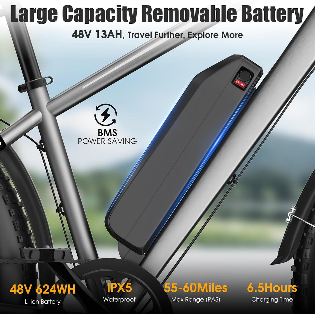 Electric Bike for Adults, 1000W Peak 20MPH 60Miles Ebike,48V 13AH Battery Electric Mountain Bike, 26' x 4'' Fat Tire Electric Bicycle with Rear Rack, Fenders, 7 Speed, UL 2849 Certified