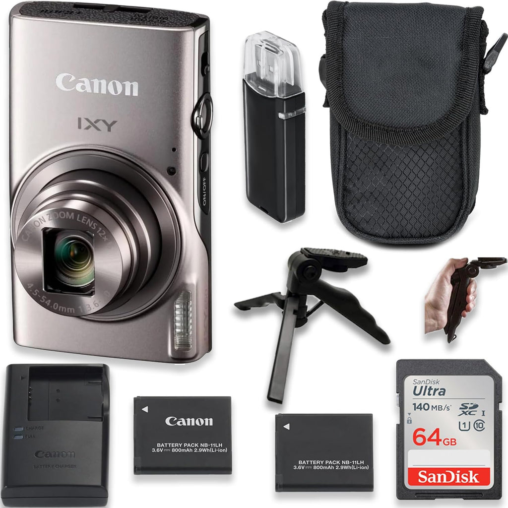 Canon Powershot IXY 650 / ELPH 360 20.2MP Point and Shoot Digital Camera (Silver) w/ 6.5'' Tripod, Extra Battery, Case and 64 GB Memory (Renewed)