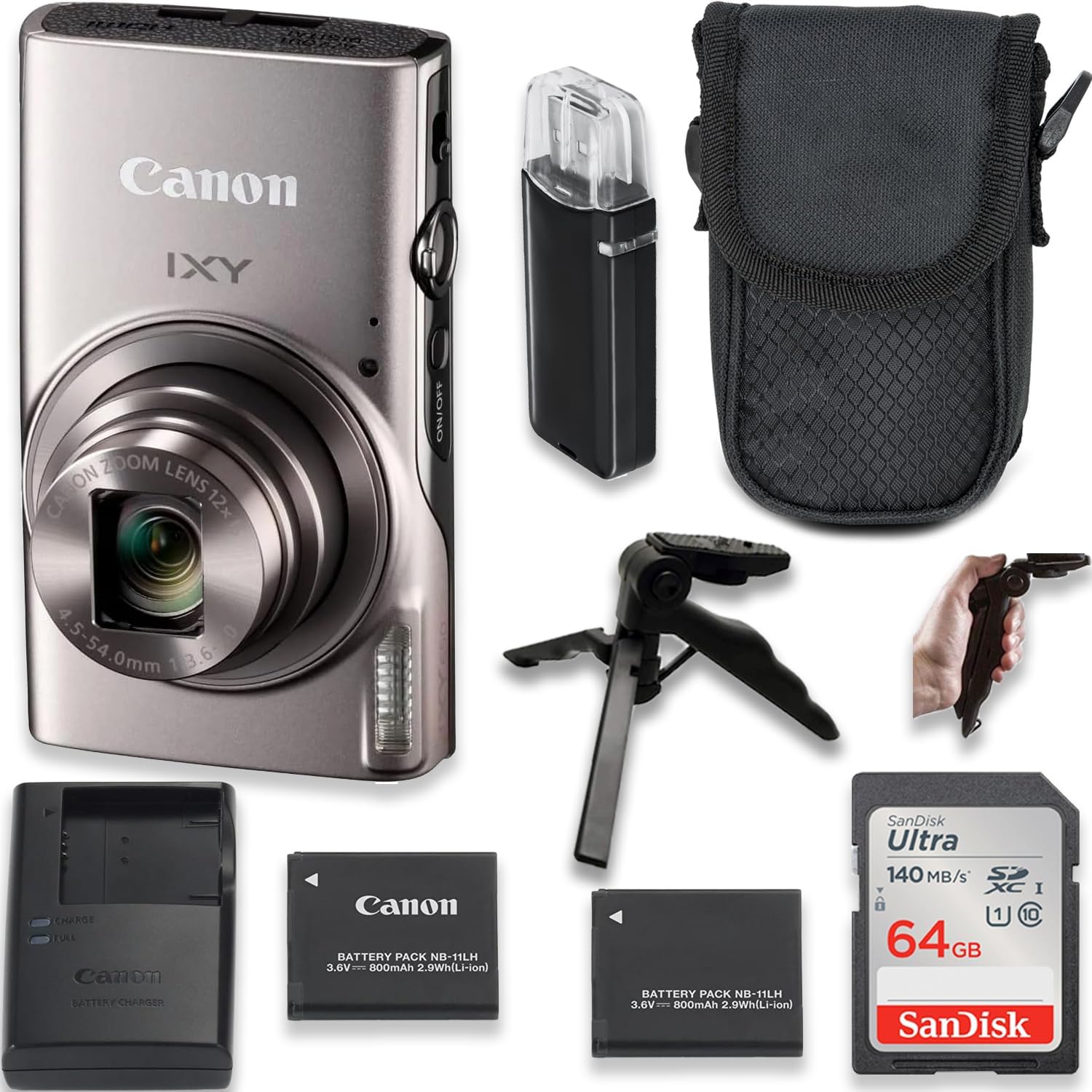 Canon Powershot IXY 650 / ELPH 360 20.2MP Point and Shoot Digital Camera (Silver) w/ 6.5'' Tripod, Extra Battery, Case and 64 GB Memory (Renewed)