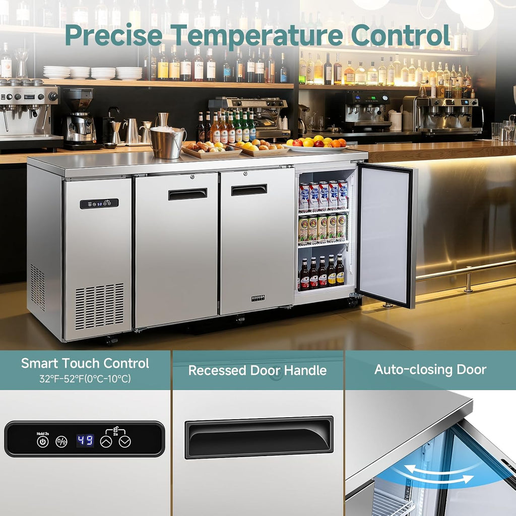 BODEGA BODEGACOOLER Commercial Bar Cooler with 3 Solid Doors, 20.5 Cu.Ft Back Bar Beverage Refrigerator for Beer Soda Wine,LED Light, Stainless Steel Top,6 Casters for Kitchen Buffet Table Use