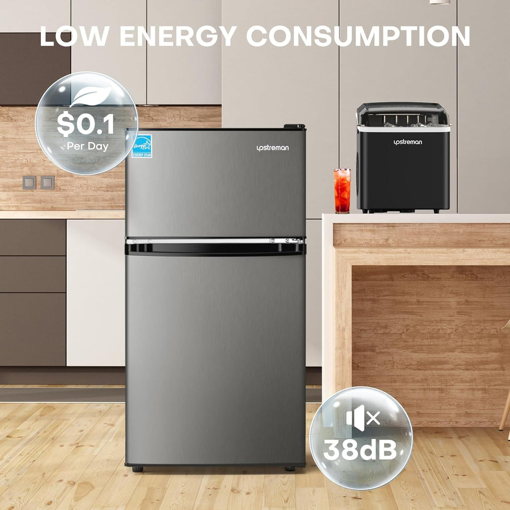 Upstreman 3.1 Cu.Ft Mini Fridge with Freezer, Double Door Small Fridge, Dorm Essentials, Adjustable Thermostat, Energy Saving, Mini Refrigerator for Office, Dorm,Bedroom, Stainless