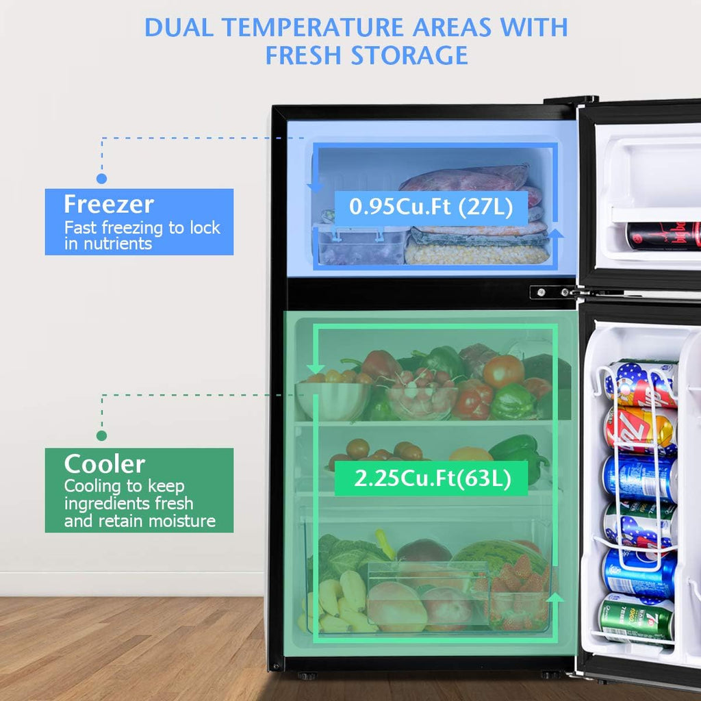 COSTWAY Mini Fridge with Freezer, 3.2 Cu.ft. 2-Door Mini Freezer Cooler Fridge w/ Reversible Door, Removable Glass Shelves, Mechanical Control, Small Refrigerator for Bedroom, Dorm, Office (Grey)
