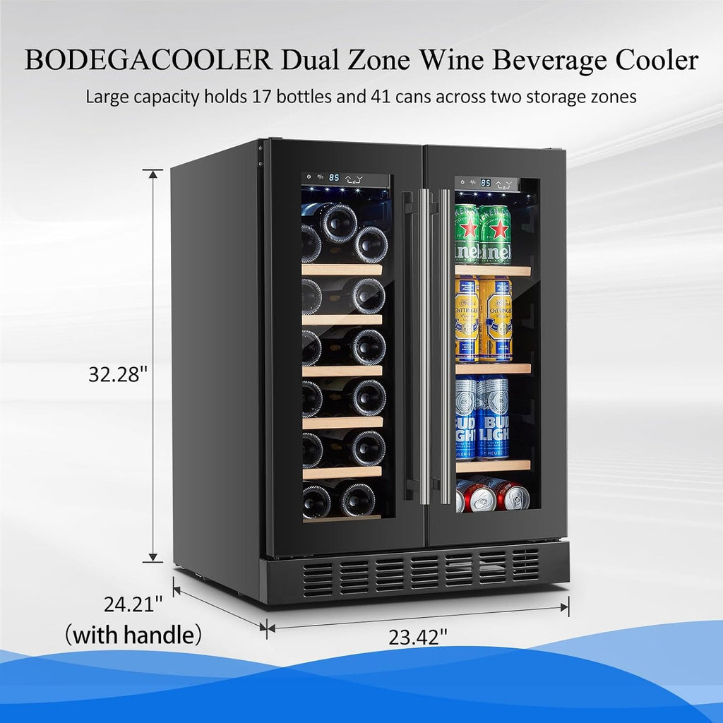 BODEGA Beverage Refrigerator Black, 24 Inch Dual Zone Wine and Beverage Cooler Under Counter, Drink Fridge for Beer, Soda, Wine, Champagne, Holds 41 Cans and 17 Bottles