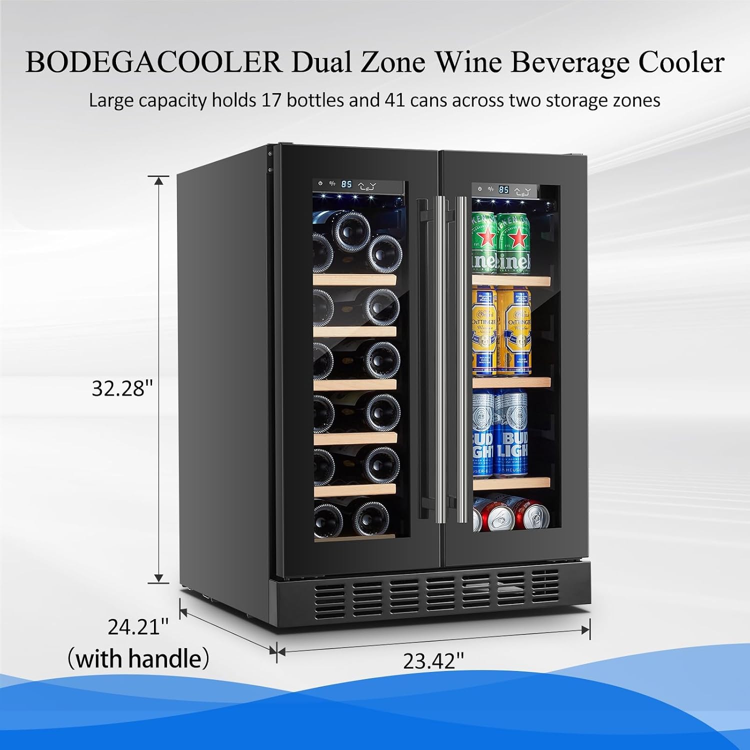 BODEGA Beverage Refrigerator Black, 24 Inch Dual Zone Wine and Beverage Cooler Under Counter, Drink Fridge for Beer, Soda, Wine, Champagne, Holds 41 Cans and 17 Bottles