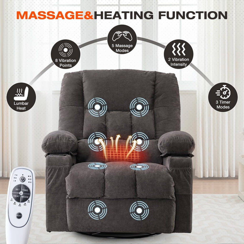 Swivel Recliner Chair for Adults,Oversized Rocker Recliner with Vibration Massage and Lumbar Heat,Ergonomic Rocking Chair with Side Pocket,2 Cup Holders,USB Charge Port for Living Room