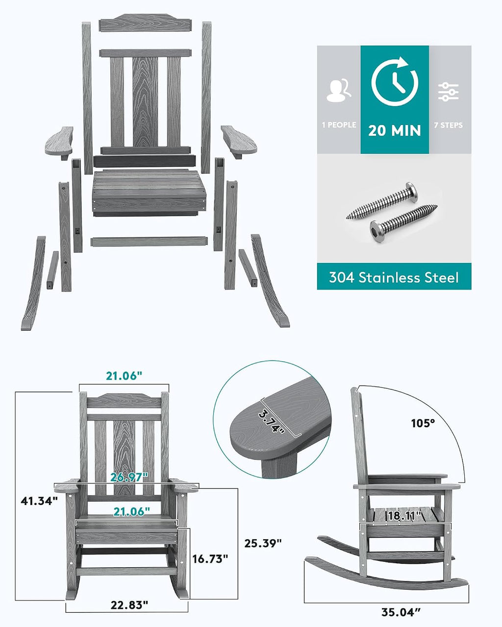 SERWALL Oversized Outdoor Rocking Chair Set of 4, All Weather Patio Rocking Chair, HDPE Poly Rocking Chair for Adults, Heavy Duty Front Porch Rocker,Unique Gray