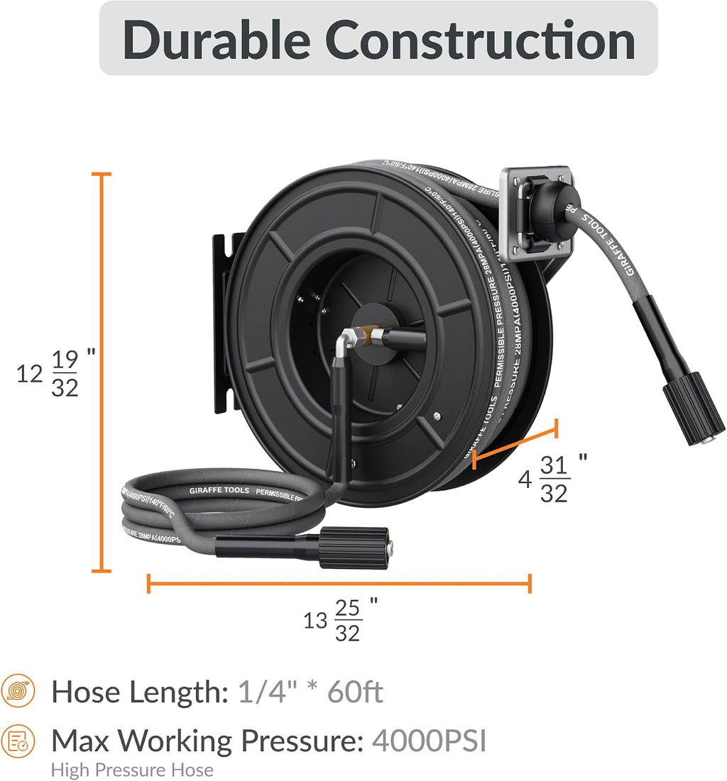 Giraffe Tools Pressure Washer Hose Reel with 60ft Replaceable Hose, Power Washer Retractable Hose Reel, Heavy Duty, Wall/Floor Mounted, 4000 PSI