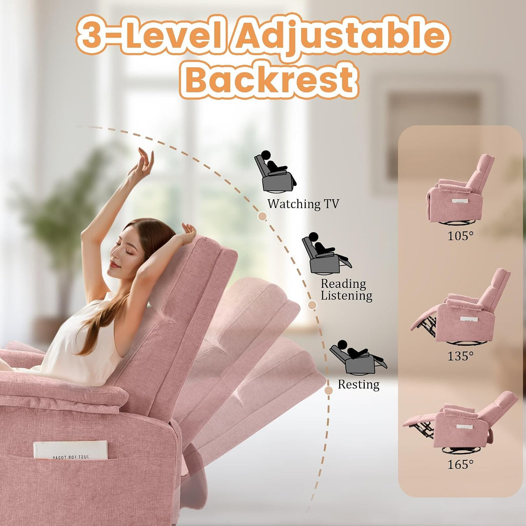 Korser Recliner Chair, Swivel Rocking Recliner Chair for Adults, Glider Rocking Chair, Small Nursery Chair Recliner for Living Room, Reclining Chair with Modern-Designed Armrests, Chenille, Pink