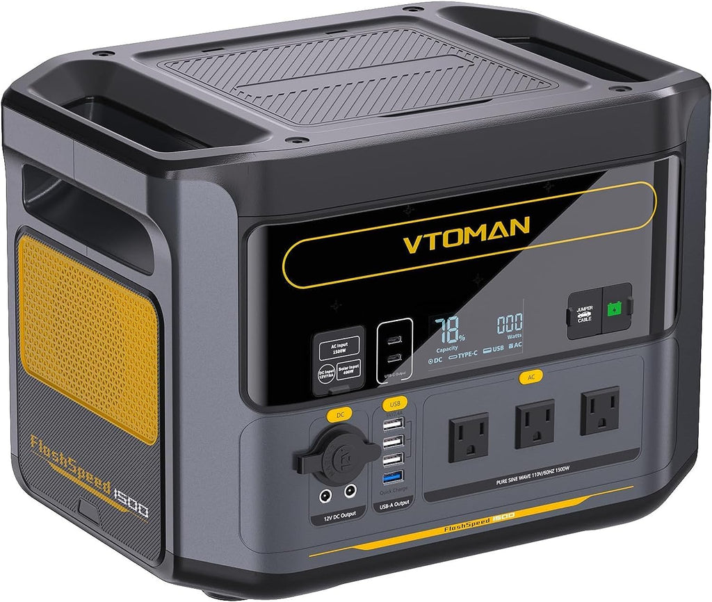 VTOMAN FlashSpeed 1500 Portable Power Station 1548Wh, Recharge 0-100% within 1H, LiFePO4 (LFP) Battery Powered Solar Generator with 110V/1500W AC Output/Input, 100W USB Port