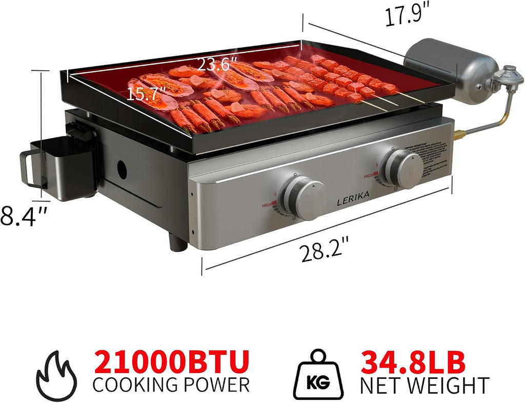 LERIKA 23' Tabletop Propane Gas Grilddle With Lid for Outdoor Kitchen Barbecue Grill, Non Stick Enamel/Durable Stainless Steel/1 Burner Portable Flat Top Grills