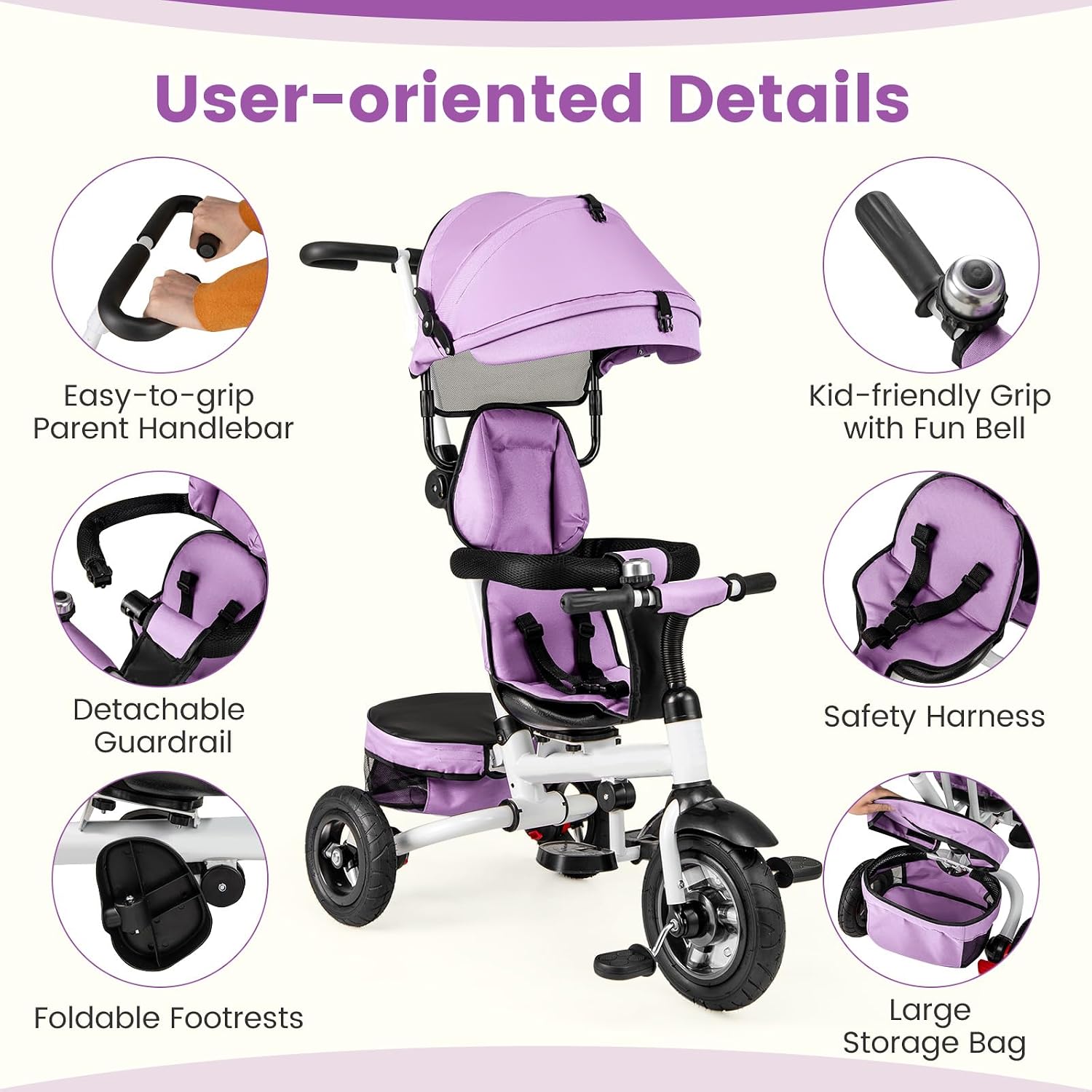 HONEY JOY Tricycle, 5-in-1 Folding Baby Trike Stroller w/Adjustable Handle & Canopy, Reversible Seat, Safety Belt, Folding Pedal, Bell, Storage, Push Tricycle for Toddlers 1-5 Years Old (Purple)