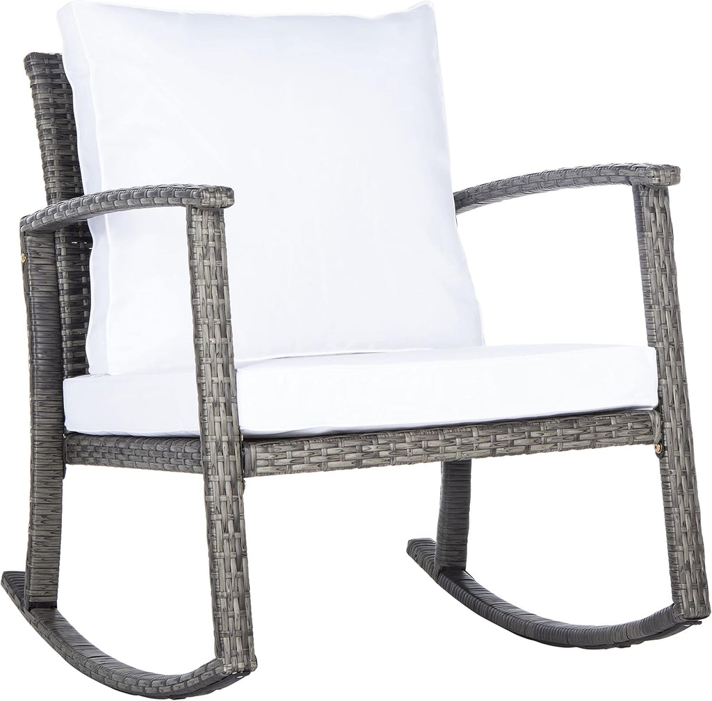 SAFAVIEH Outdoor - Daire Rocking Chair - Grey Brown & White - Steel Frame & Faux Rattan with Cushion - Open-Frame Design - Ideal for Patio, Deck, Porch, Backyard, 14.4' Seat Height (PAT7721C)