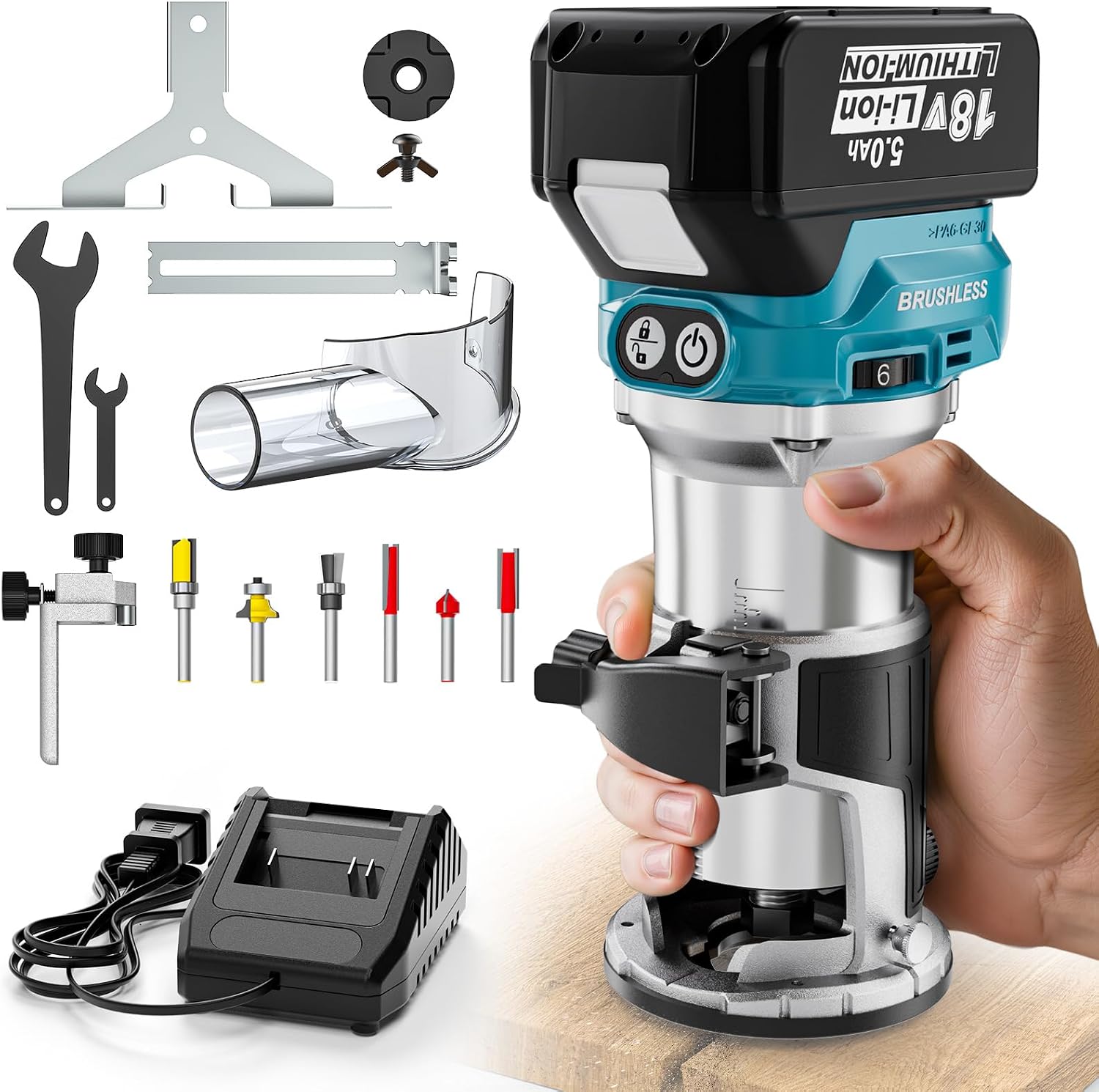 MtiolHig Cordless Compact Router Compatible with Makita 18V Battery, With 1 x 5.0Ah Rechargeable Battery, 6 Pcs Router Bits for Woodworking, 6 Variable Speeds Router With Trim Bits