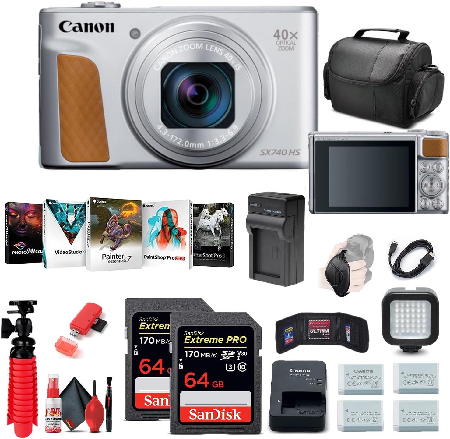 Canon PowerShot SX740 HS Digital Camera (Silver) (2956C001) + 2 x 64GB Memory Card + 3 x NB13L + Corel Photo Software + Charger + Card Reader + LED Light + Soft Bag + More