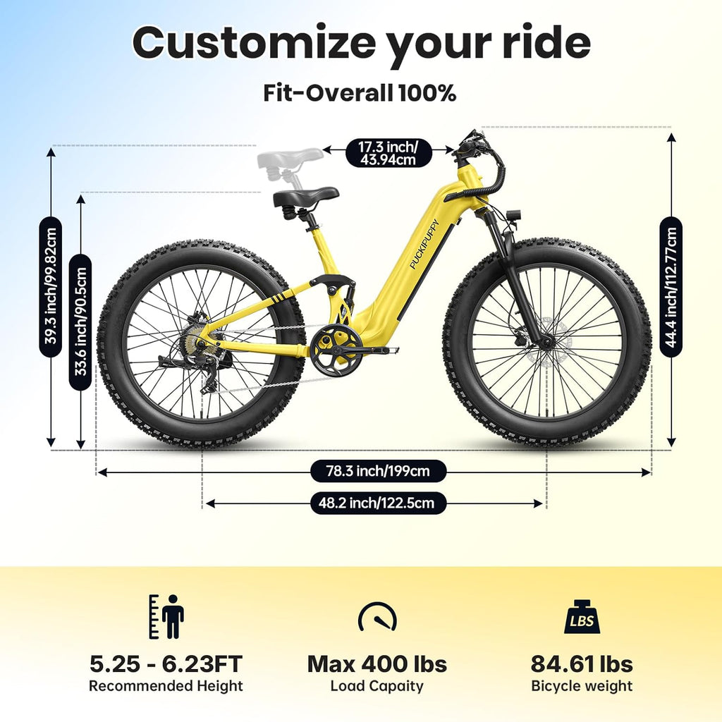 PUCKIPUPPY Battery+Electric Bike for Adults 960W(Peak), 48V 20AH Battery Adult Electric Bicycles, 26' Fat Tire Full Suspension Step-Thru Ebike, 28MPH Mountain Ebike, 7 Speed, 80Miles Range