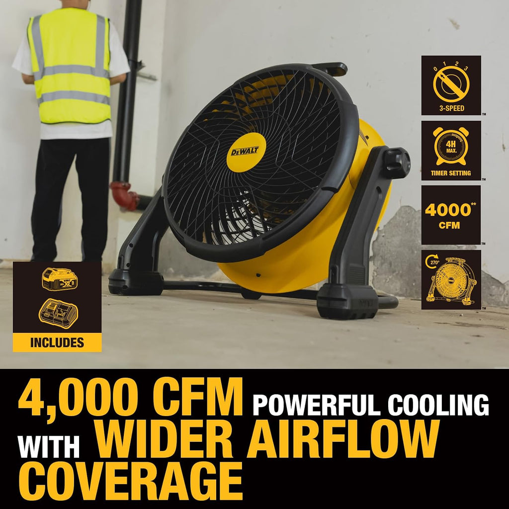 DEWALT Industrial High-Velocity Floor Fan with Battery & Charger, AC/DC Dual Power Supply, 270° Adjustable Tilt Design 3-Speed 4000 CFM 6 ft Cord 18-Inch Barrel Fan, DXF1850A