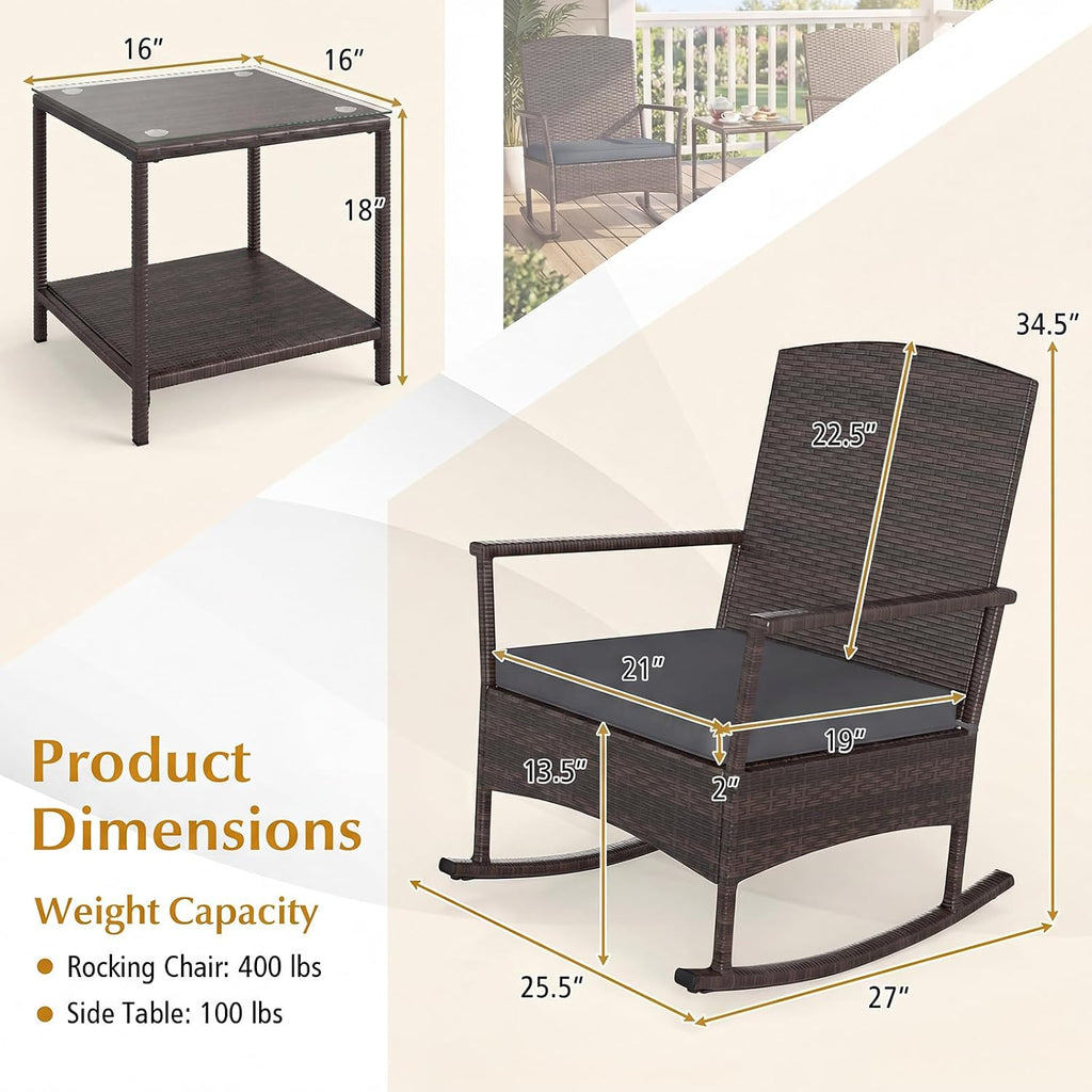 Tangkula 3 Pieces Rocking Wicker Bistro Set, Outdoor Front Porch Rocker Chairs Conversation Set with 2-Tier Tempered Glass Coffee Table and Thick Cushions for Garden, Balcony, Poolside (Gray)