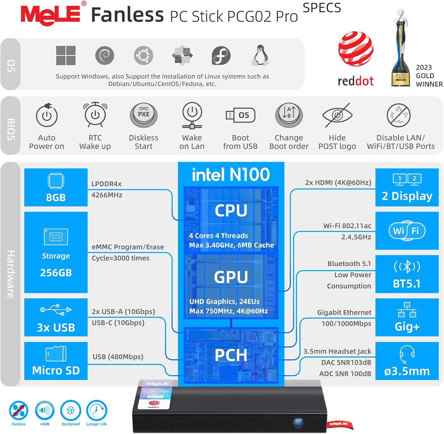 MeLE PCG02 Pro Fanless N100 Mini PC Stick 8GB LPDDR4x 256GB eMMC Win11pro Slim Micro Computer Stick Dual HDMI 4K Display WiFi 5 BT5.1 GbE, Support PD3.0 Protocol, on IoT, Digital Signage, MES, WMS
