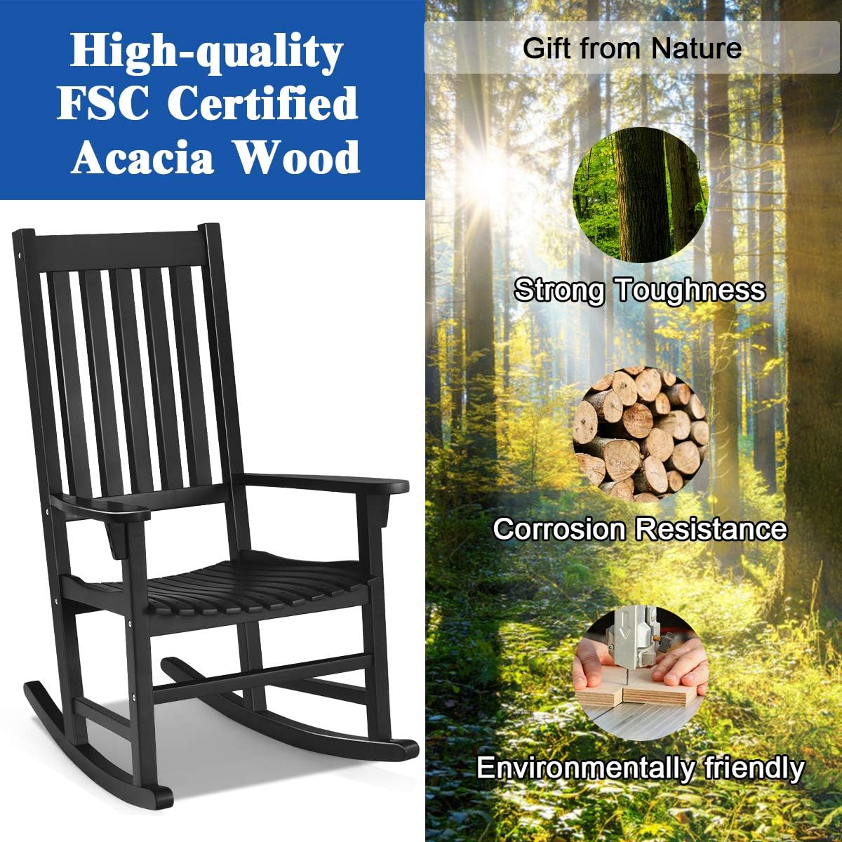 Giantex Rocking Chair Acacia Wood Frame Outdoor& Indoor for Garden, Lawn, Balcony, Backyard and Patio Porch Rocker (1, Black)