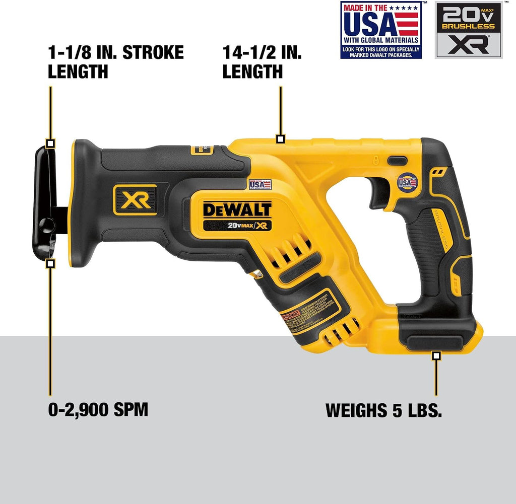 DEWALT 20V MAX XR Reciprocating Saw Cordless, Brushless, Compact,Variable Speed, Pivoting Head, LED Light, Tool Only (DCS367B)