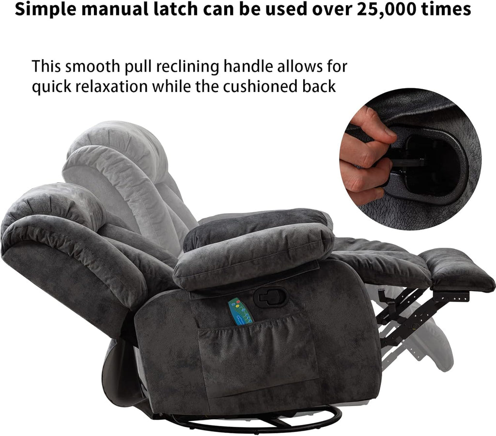 CANMOV Massage Swivel Rocker Recliner Chair with Heat and Vibration,360 Degree Manual Swivel Rocking Recliners with Side Pocket, Comfy Fabric Single Sofa Reclining Chair for Living Room, Grey