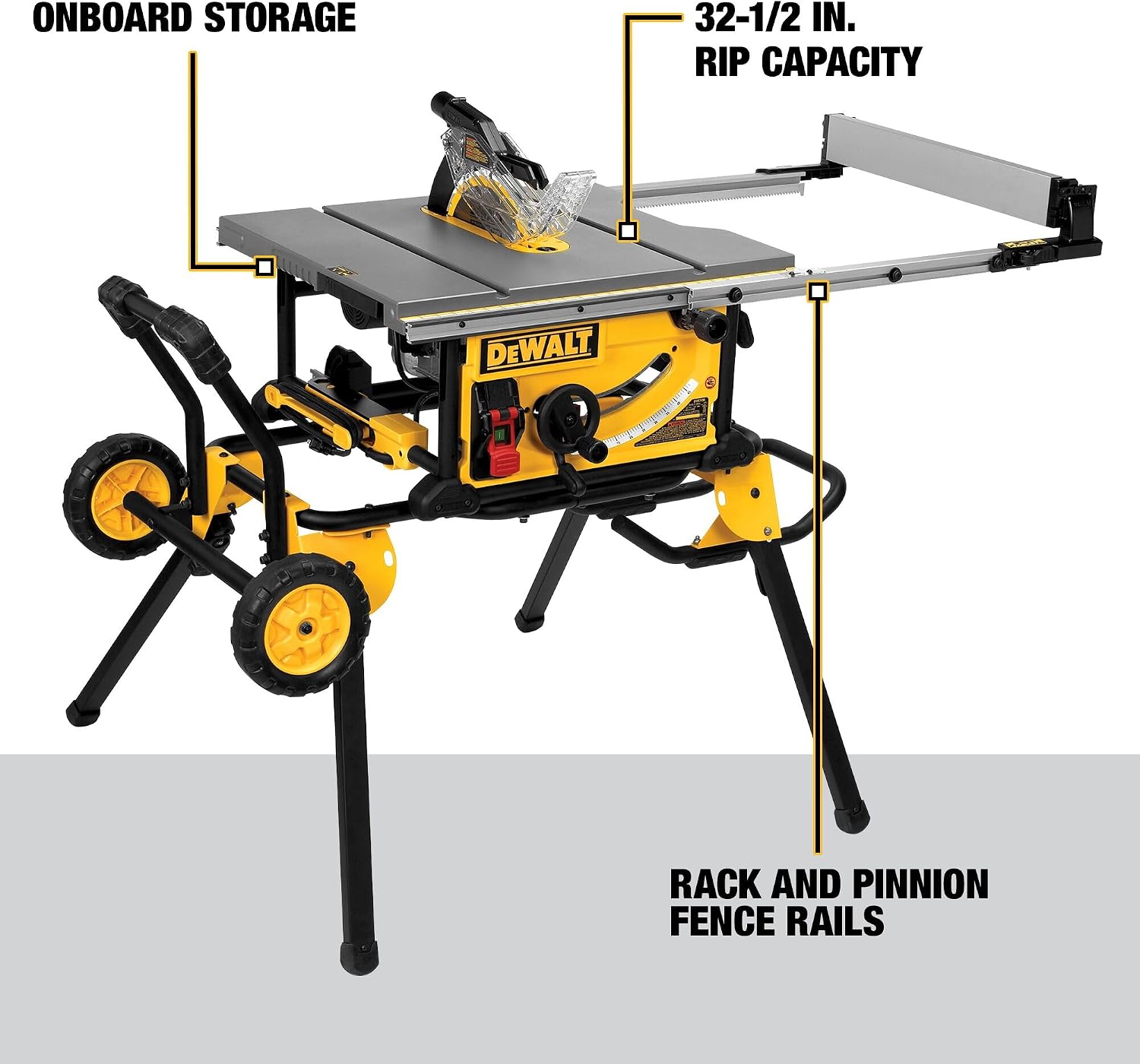 DEWALT Table Saw 10 Inch with Foldable Rolling Table Saw Stand, 15 Amp, 4800 RPM, 32-1/2-Inch Rip Capacity (DWE7491RS)