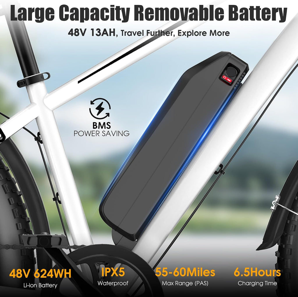 Electric Bike for Adults, 1000W Peak 20MPH 60Miles Ebike,48V 13AH Battery Electric Mountain Bike, 26' x 4'' Fat Tire Electric Bicycle with Rear Rack, Fenders, 7 Speed, UL 2849 Certified