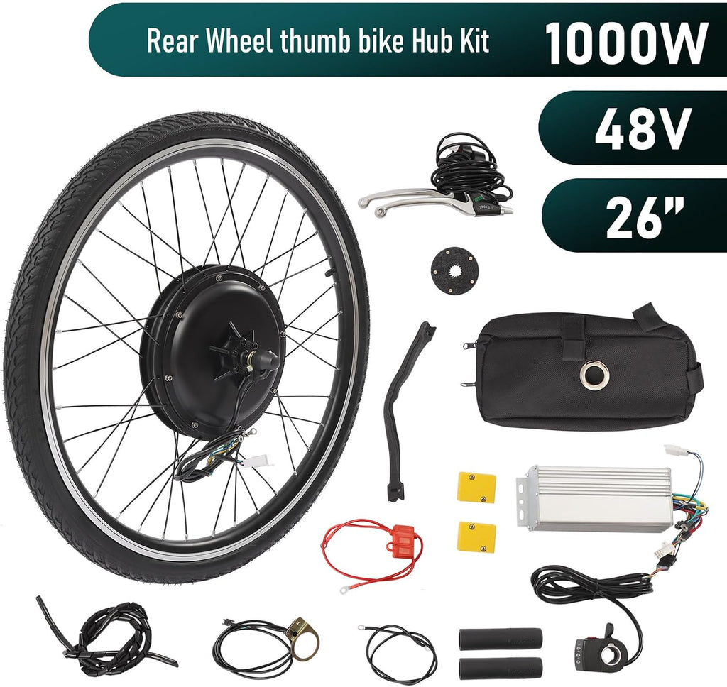 Electric Bike Conversion Kit, 48V 1000W 26' E-Bike Hub Motor Wheel Kit Rear Wheel Powerful Motor with Thumb Throttle and Pedal Assistant Sensor, E-Bike Hub Motor Conversion Kit for 26 Inch Bike
