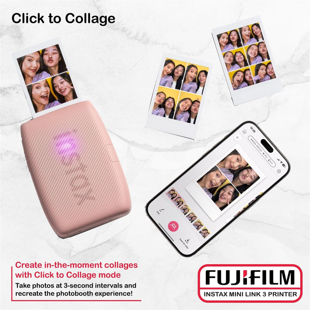 Fujifilm Instax Mini Link 3 Printer Bundle Instax Mini Film (40 Sheets), Instax Mini Link 3 Protective Case (Rose Pink)