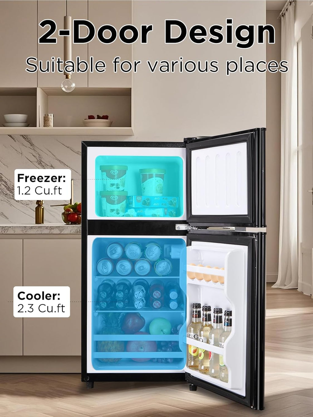 F.W.WOOLWORTHS 3.5 Cu.Ft Fridge with Freezer, Refrigerator with 2 Doors for Office, Kitchen, Dorm and Bedroom, Fridge with 7 Level Temp Adjustable Thermostat, Black