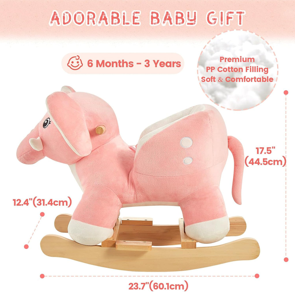 FUNLIO Elephant Baby Rocking Horse for Toddlers 6 Months to 3 Years, Cute & Graceful Pink Elephant Rocker for Baby Girl, Stuffed Plush Ride-on Rocking Animal, Easy to Assemble, CPC & CE Certified