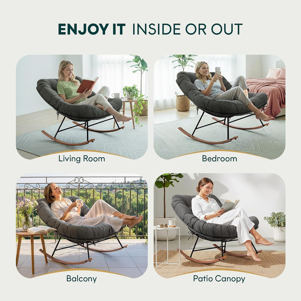 Bme Patio Rocking Chair Outdoor & Indoor, Metal Patio Lounge Rocking Chair with Thick Cushion, Comfy Modern Rocker Chair for Living Room, Porch, Backyard, Grey Cushion - Wood Texture Rocker