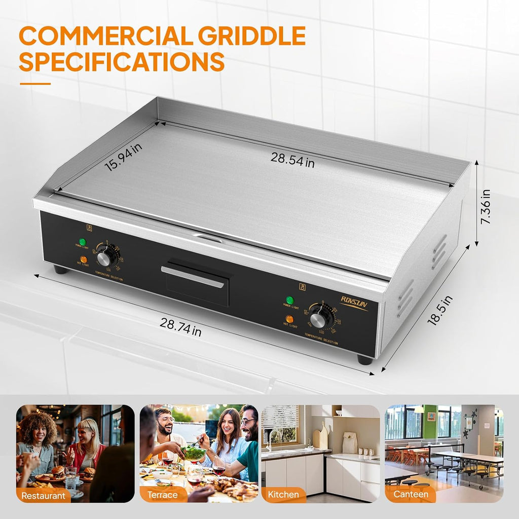 ROVSUN 30' Electric Countertop Flat Top Griddle, 3000W Electric Griddle, Teppanyaki Grill Stainless Steel with Adjustable Temperature Control 122°F-572°F for Commercial Home Restaurant, Plug