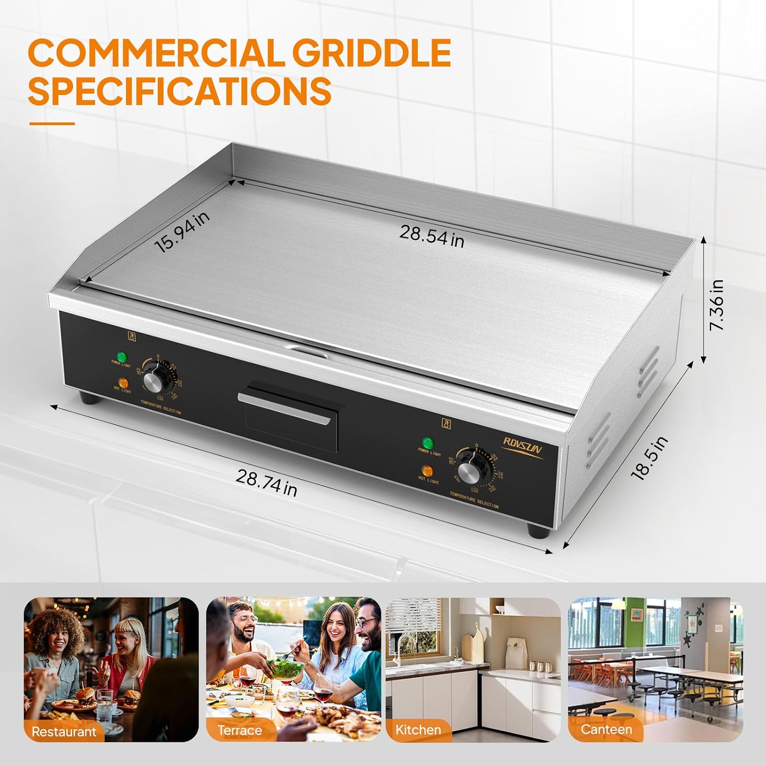 ROVSUN 30' Electric Countertop Flat Top Griddle, 3000W Electric Griddle, Teppanyaki Grill Stainless Steel with Adjustable Temperature Control 122°F-572°F for Commercial Home Restaurant, Plug