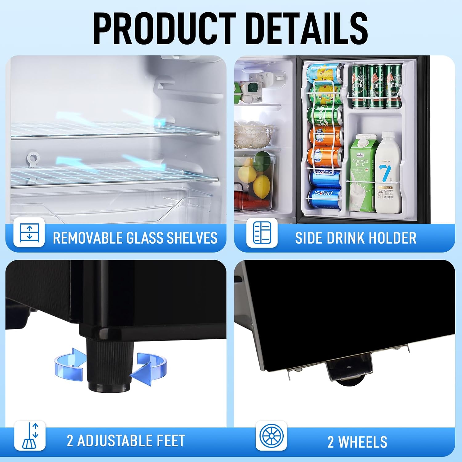 WANAI 3.5 CU.FT 2 Door Mini Fridge with Freezer Freestadning Small Refrigerator Features 7 Gear Mechanical Control, Side Bottle Rack, 2 Glass Removable Shelves, Crisper Drawer Black