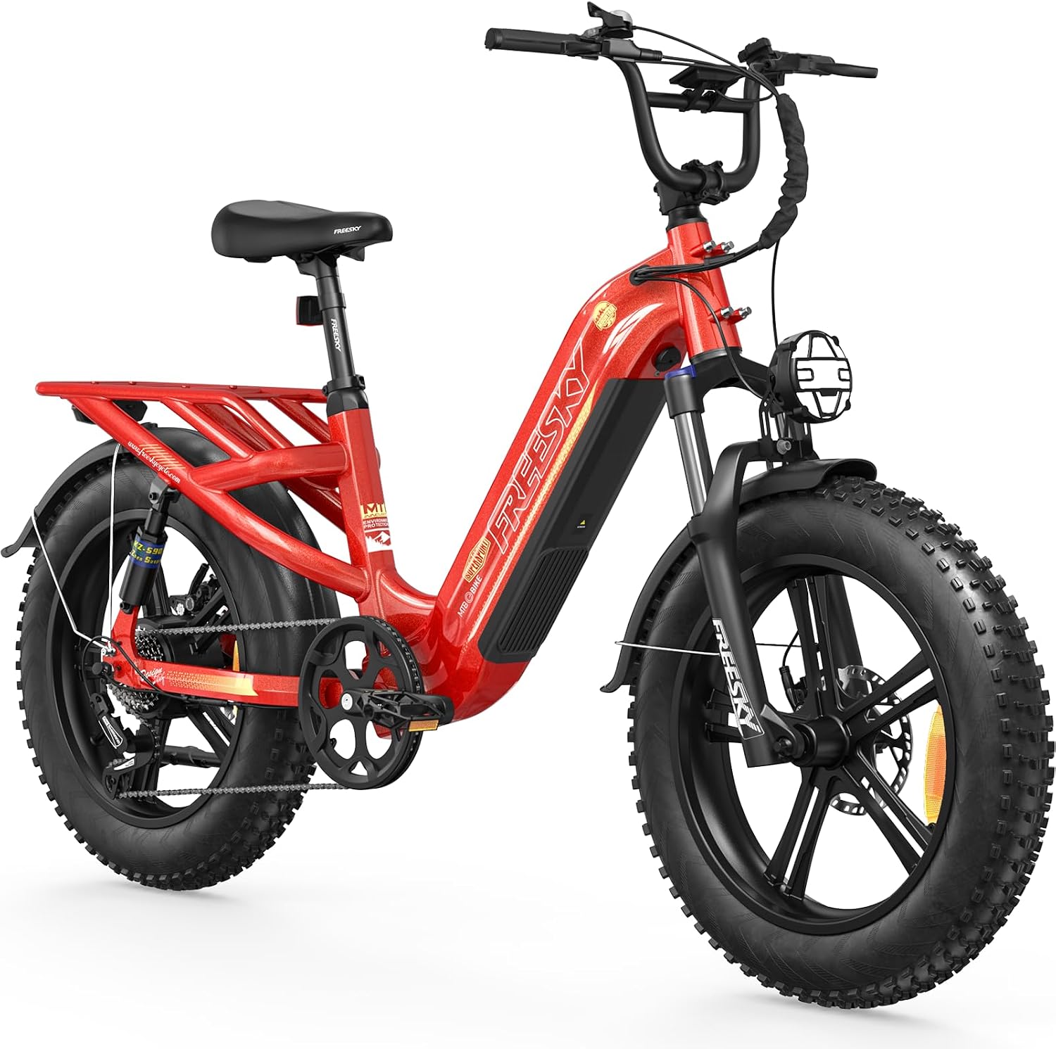 FREESKY 2026 Upgraded Rocky Pro Torque Sensor Electric Bike for Adults, 48V 25Ah Samsung Cells Battery, 105 Miles Range, 33MPH Fat Tire Step-Thru E Bike, 20' Full Suspension Cargo Bicycles, 8-Speeds