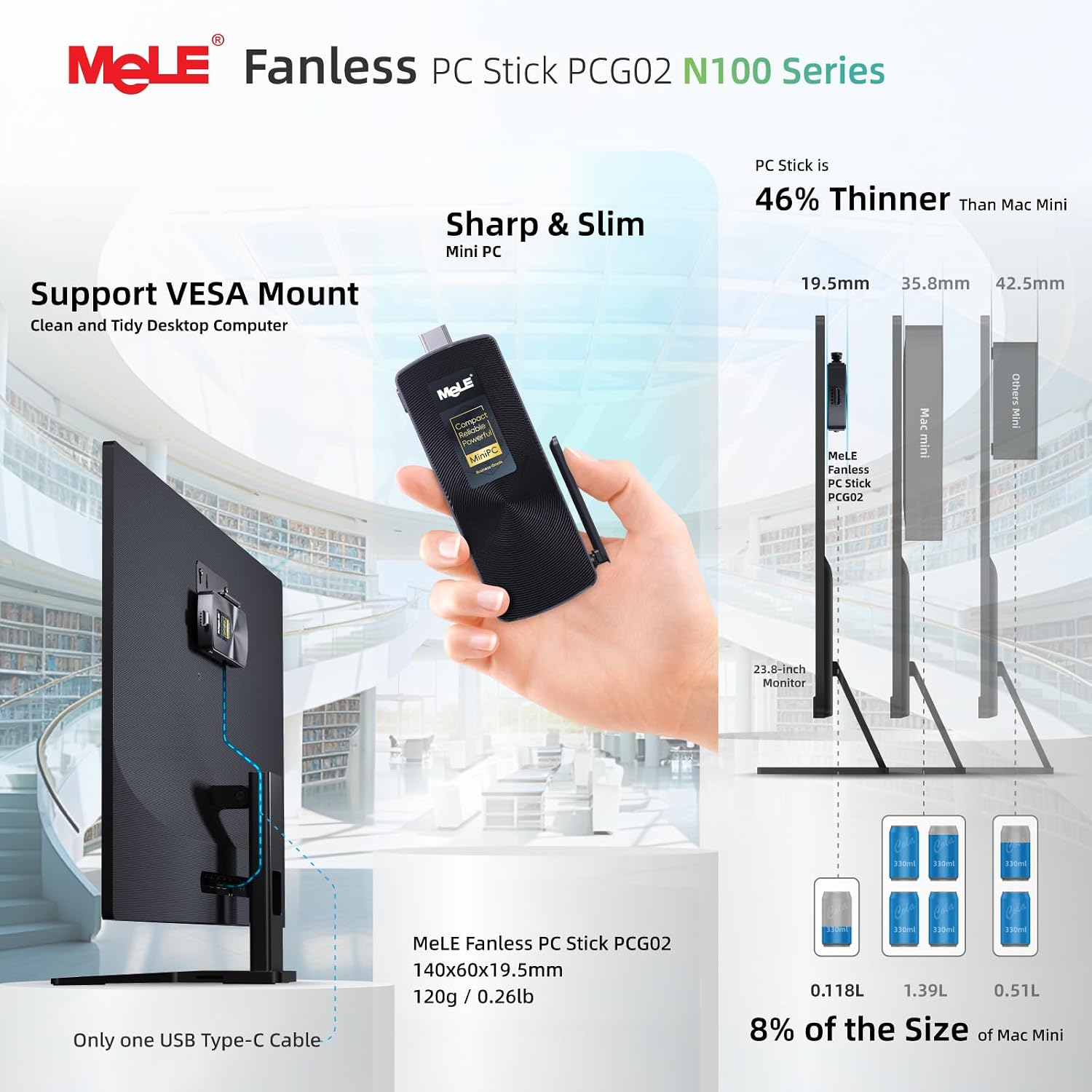 MeLE PCG02 Mini PC Stick Computer Windows 11 Home N100 (up to 3.4GHz) 4GB LPDDR5 128GB, HDMI + USB-C 4K Dual Display, 2.4GHz/5GHz Wi-Fi BT5.1 GbE, Fanless Small Desktop for IoT, Digital Signage, MES