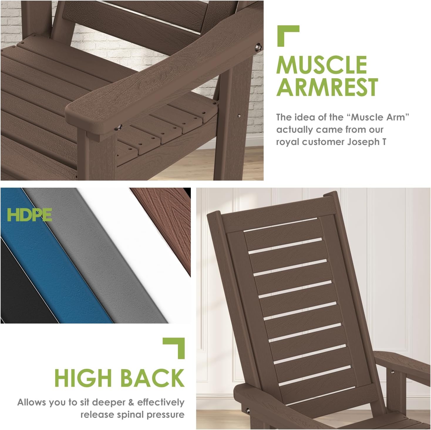 GREENVINES Outdoor Rocking Chairs | Porch Rocker | HDPE Plastic | Wood Grain | Oversized Rockers | High Back | Big & Tall | Ladder Back | Dark Brown | for Patio Outside