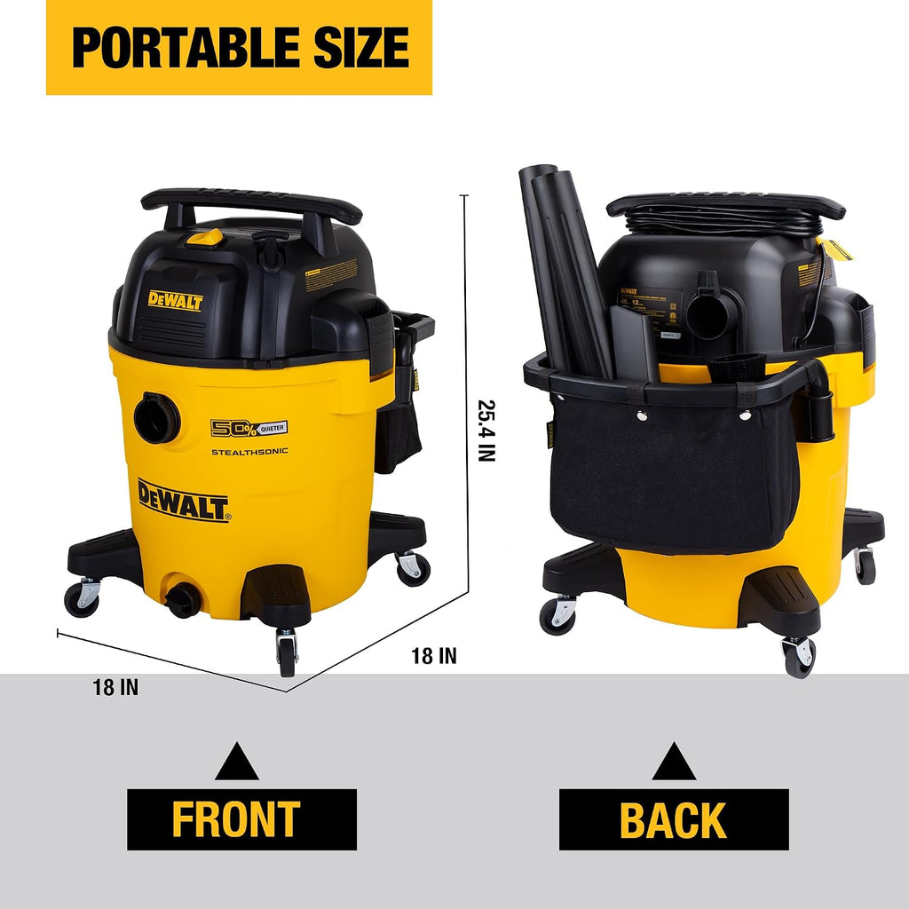 DEWALT 12 Gallon STEALTHSONIC Ultra Quiet Poly Wet Dry Vacuum, DXV12P-QTA Powerful Suction Noise Reduction Vac, 5.5 Peak HP Shop Vacuum for Jobsite/Workshop, Reduce Motor Noise, Yellow
