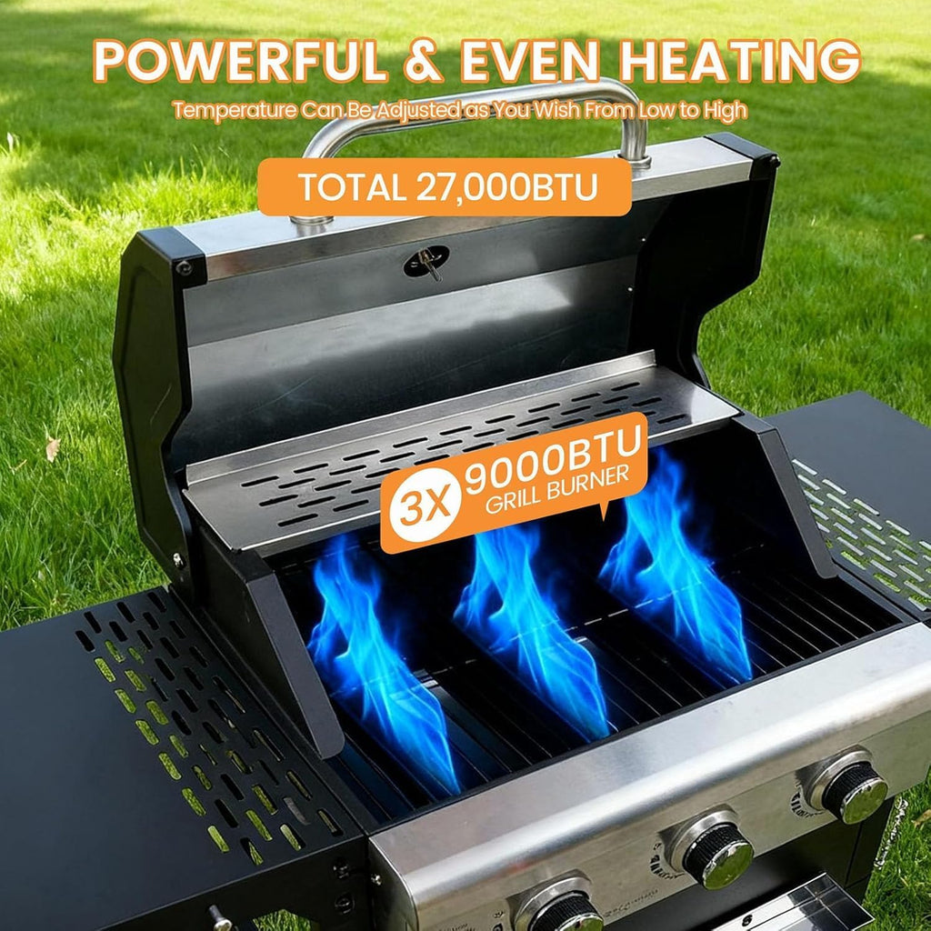 3-Burner Propane Gas Grill with Heavy Duty Waterproof Cover | 27,000 BTU, 3 Stainless Steel Gas Grill Burners & Electronic Ignition, Detachable Oil Tray for Outdoor BBQ Grill