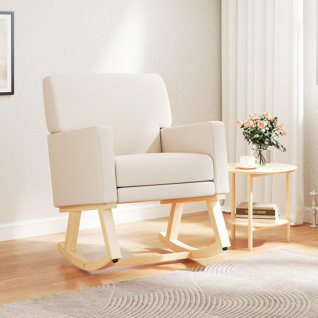 Giantex Upholstered Rocking Chair, Nursery Rocking Chair w/Widened Back, Machine-Washable Seat Cushion Cover, Solid Rubber Wood Frame, Glider Rocker Accent Chair for Living Room, Bedroom, Beige