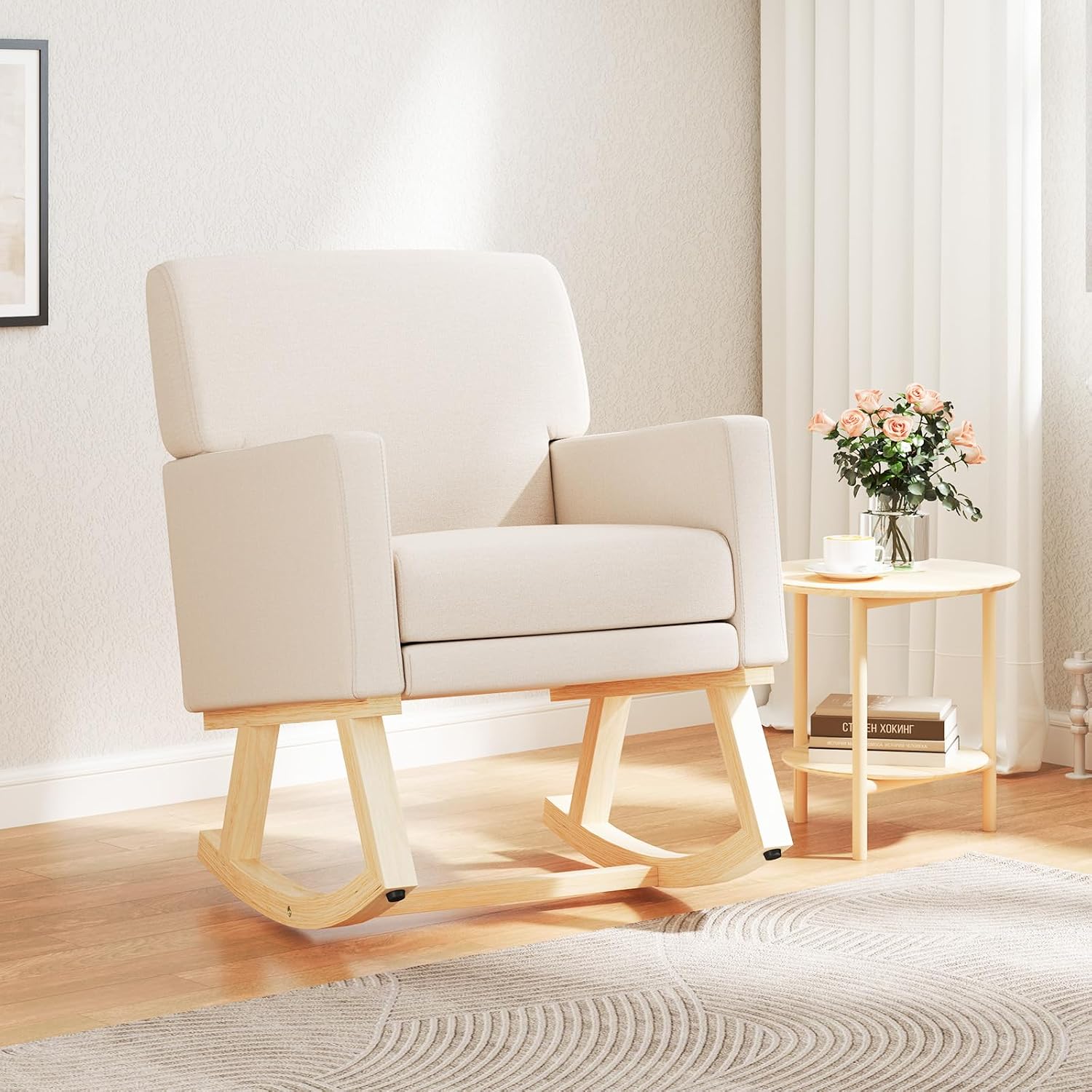 Giantex Upholstered Rocking Chair, Nursery Rocking Chair w/Widened Back, Machine-Washable Seat Cushion Cover, Solid Rubber Wood Frame, Glider Rocker Accent Chair for Living Room, Bedroom, Beige