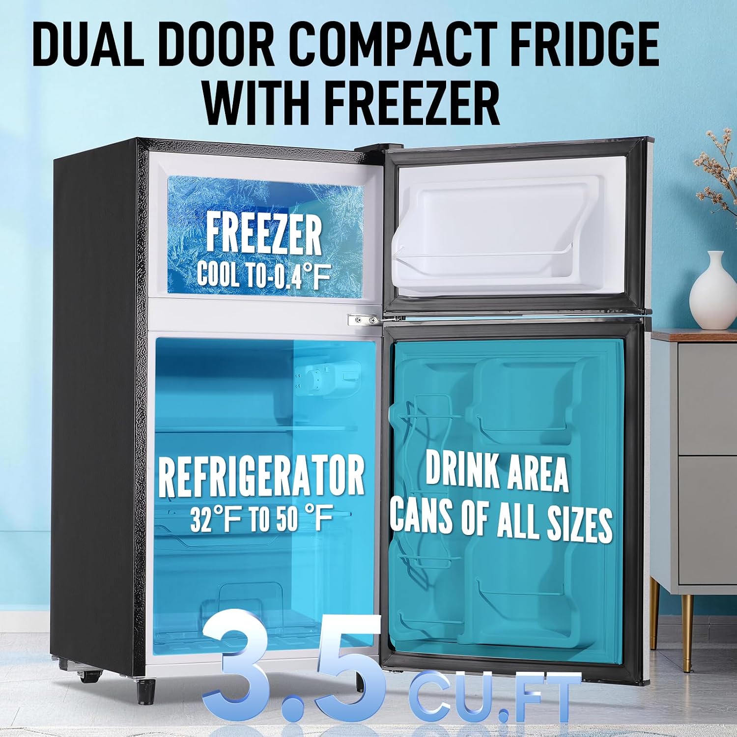 WANAI Mini Fridge with Freezer, 3.5 cubic feet 2- Doors Small Refrigerator Features 7 Gear Mechanical Control, Side Bottle Rack, Ideal for Dorm, Kitchen, Apartment, Office, Silver