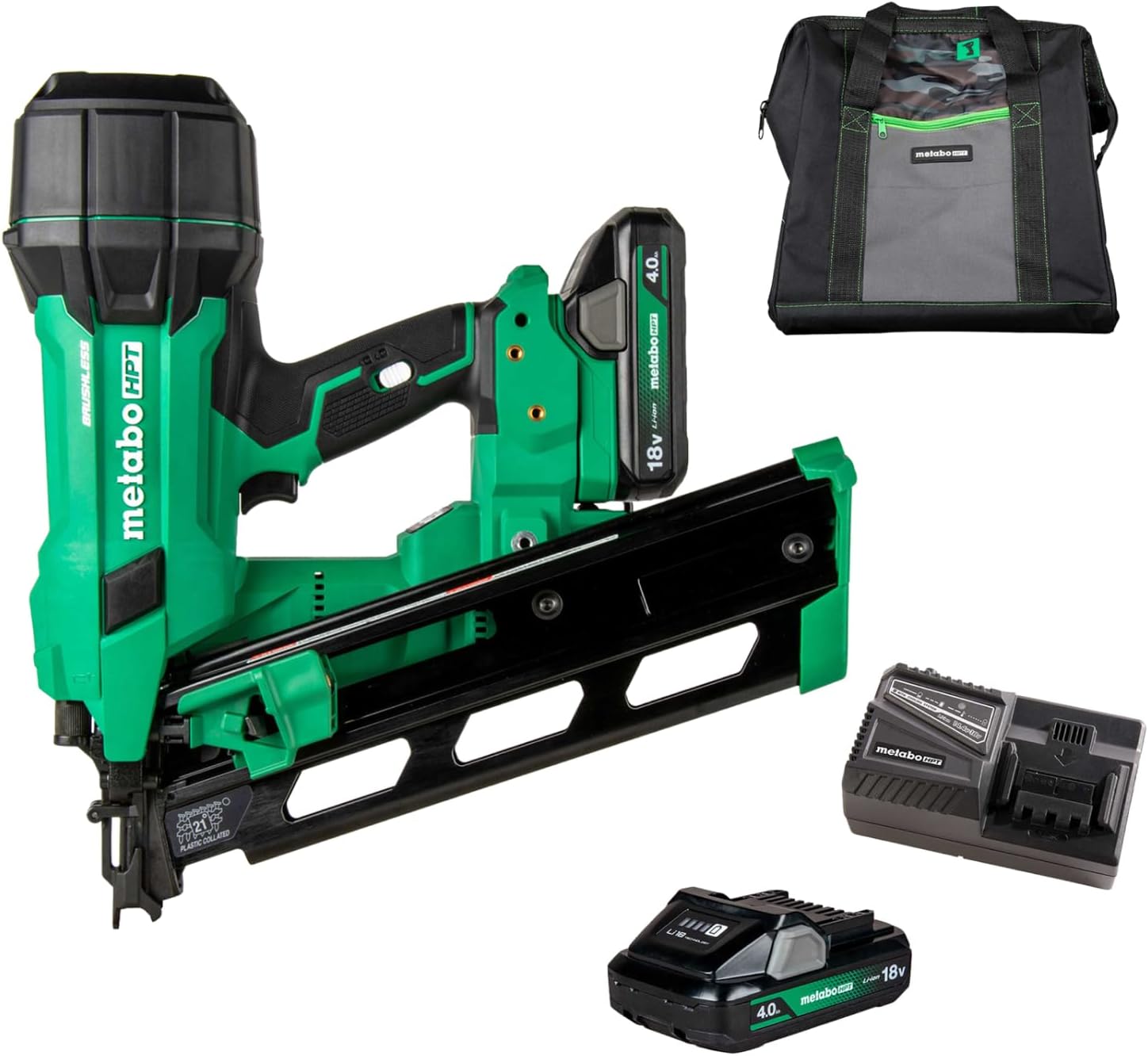 Metabo HPT 18V MultiVolt Cordless 21° Framing Nailer Kit, 3-1/2' Plastic Strip Framing Cordless Nailer, Power Tool with 4.0Ah Lithium Ion Battery, Drives 2' to 3-1/2' Nails, NR1890DRA